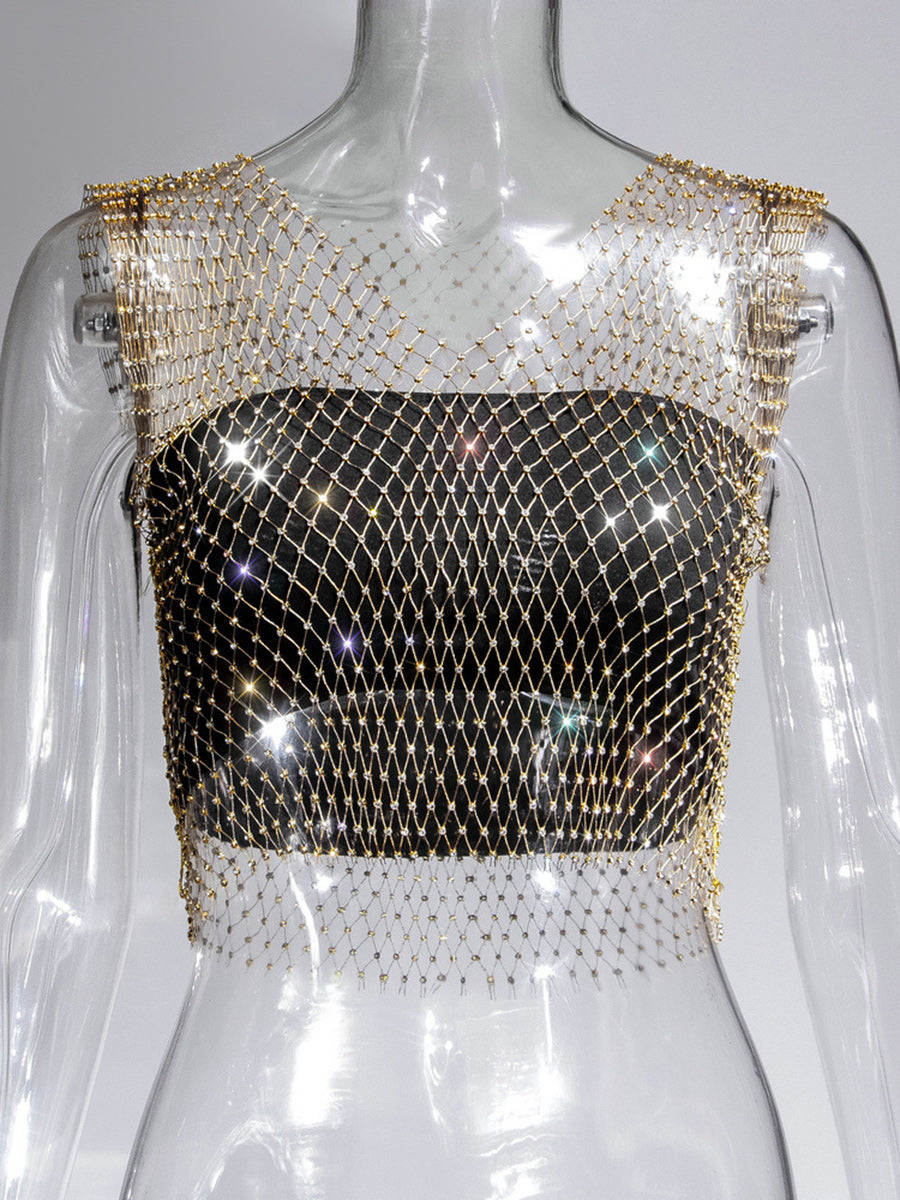 Fishnet Rhinestone Sheer Mesh See-Through Blouse Crop Top