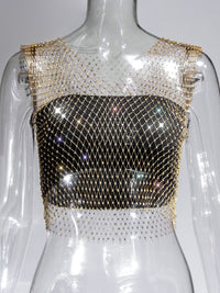 Fishnet Rhinestone Sheer Mesh See-Through Blouse Crop Top