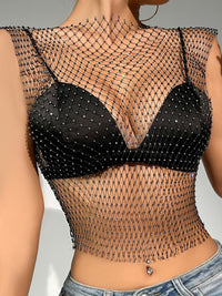 Fishnet Rhinestone Sheer Mesh See-Through Blouse Crop Top