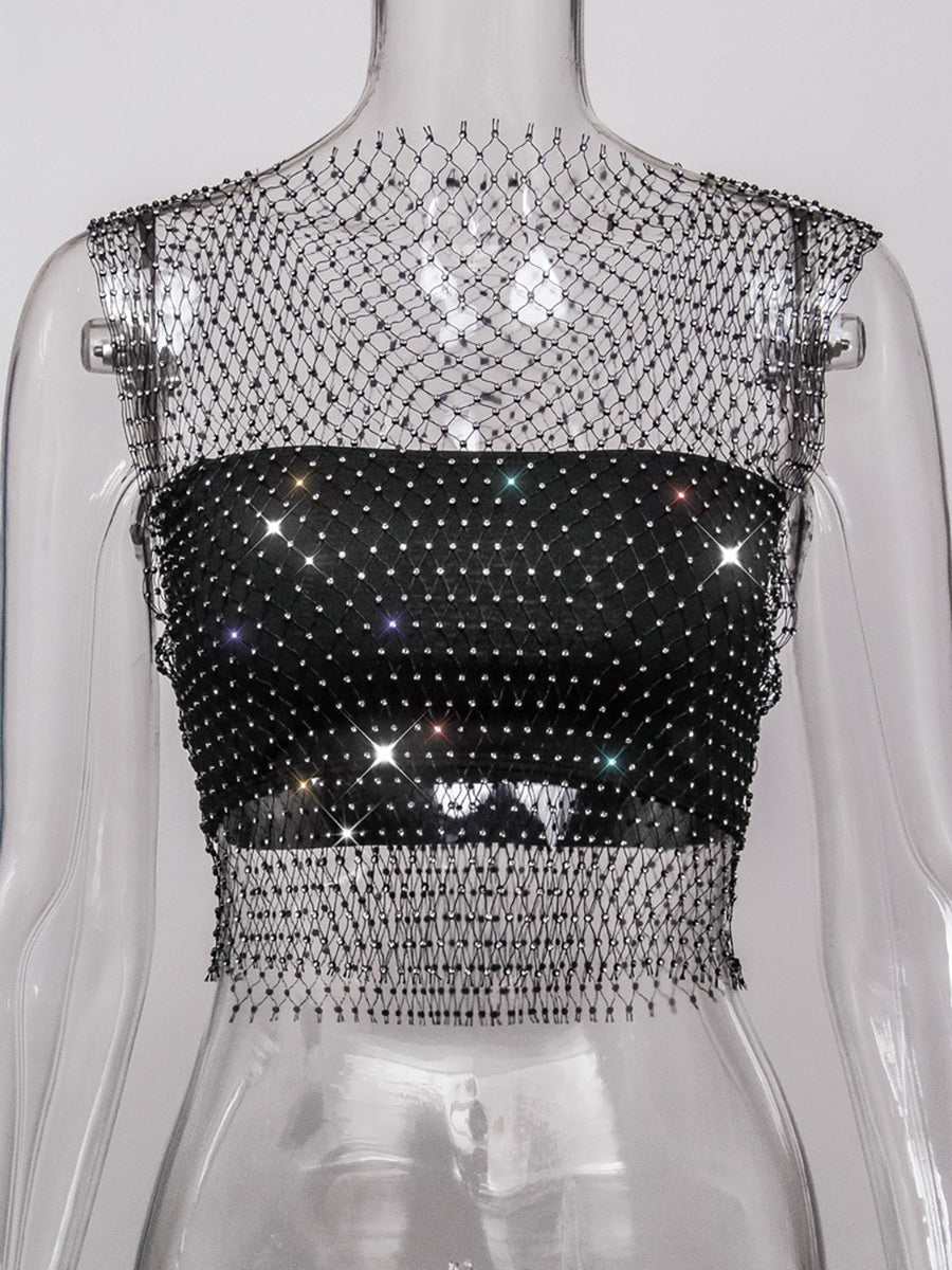 Fishnet Rhinestone Sheer Mesh See-Through Blouse Crop Top