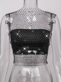 Fishnet Rhinestone Sheer Mesh See-Through Blouse Crop Top