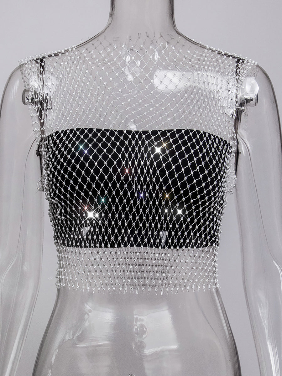 Fishnet Rhinestone Sheer Mesh See-Through Blouse Crop Top