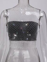 Fishnet Rhinestone Sheer Mesh See-Through Blouse Crop Top