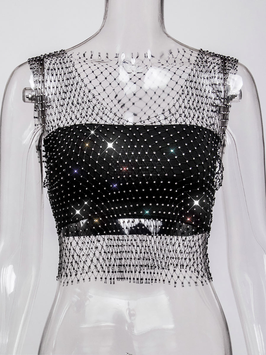 Fishnet Rhinestone Sheer Mesh See-Through Blouse Crop Top