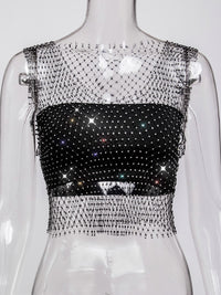 Fishnet Rhinestone Sheer Mesh See-Through Blouse Crop Top