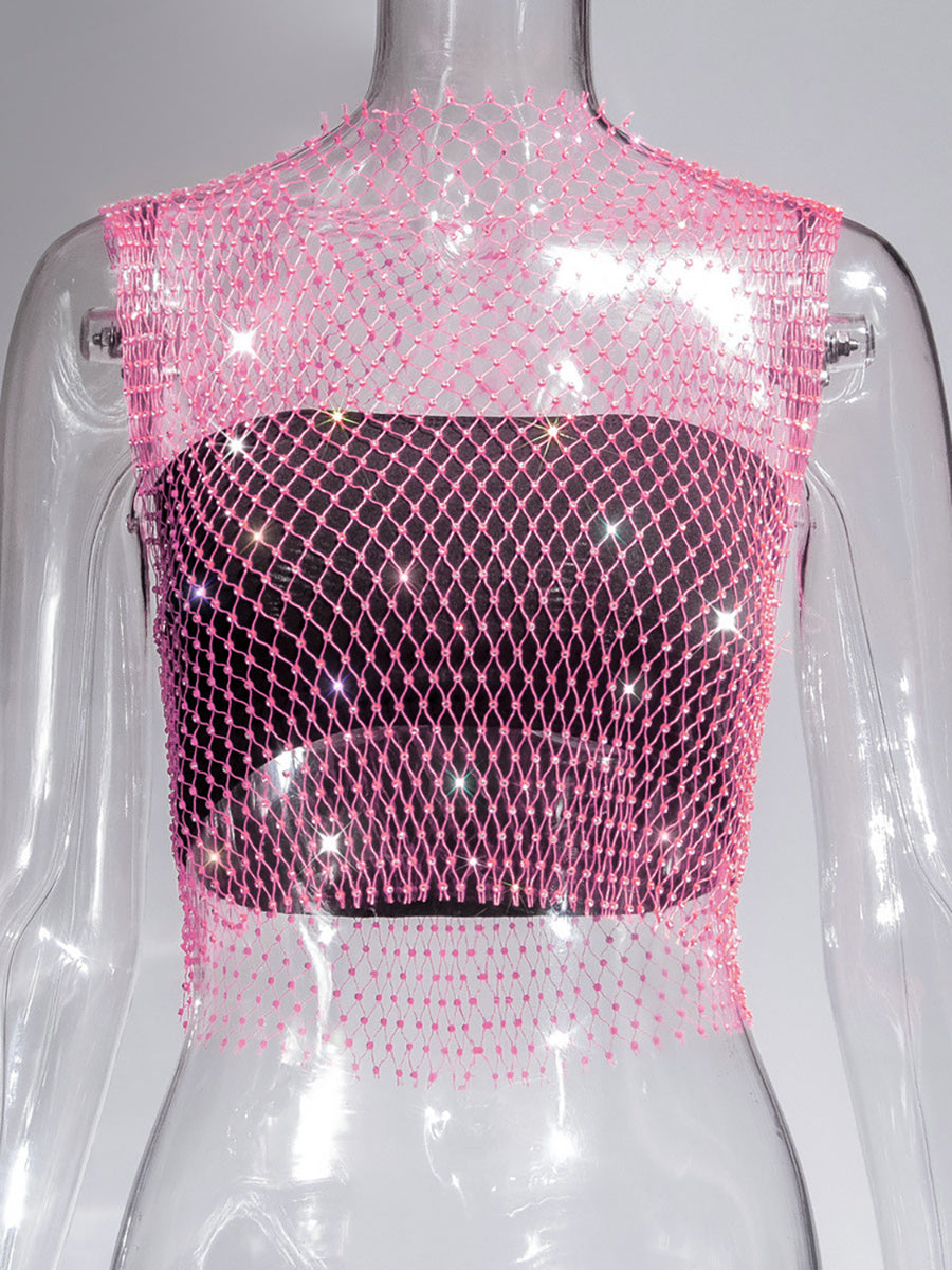 Fishnet Rhinestone Sheer Mesh See-Through Blouse Crop Top