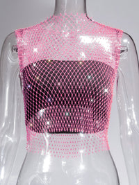 Fishnet Rhinestone Sheer Mesh See-Through Blouse Crop Top