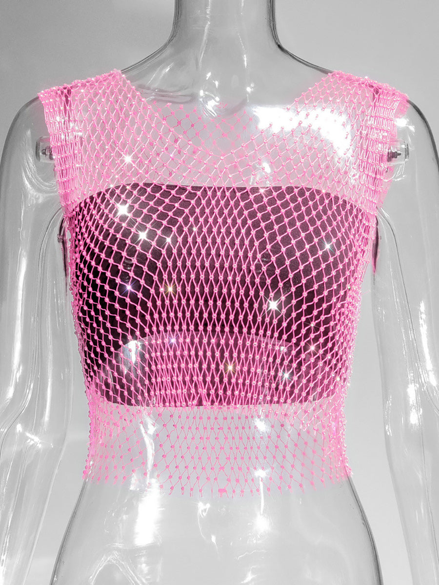 Fishnet Rhinestone Sheer Mesh See-Through Blouse Crop Top
