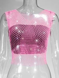 Fishnet Rhinestone Sheer Mesh See-Through Blouse Crop Top