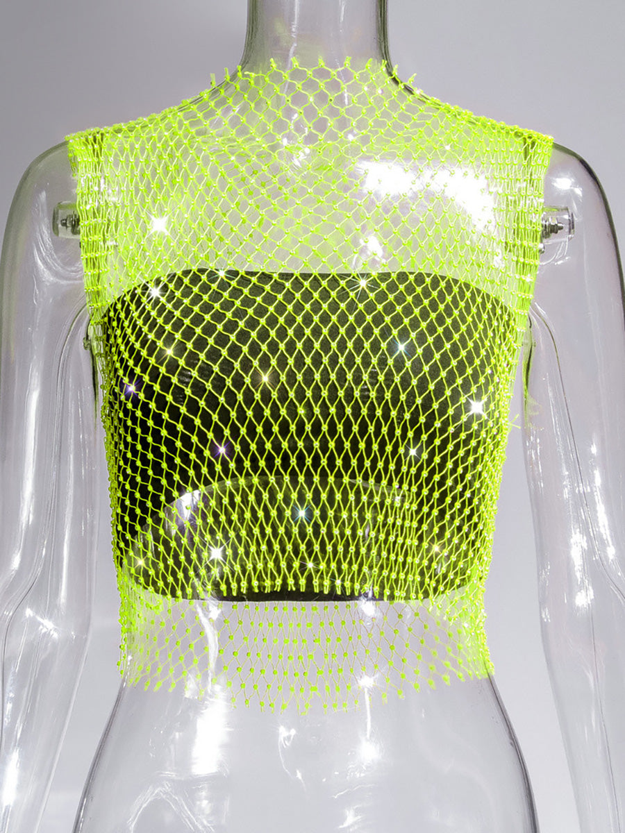 Fishnet Rhinestone Sheer Mesh See-Through Blouse Crop Top