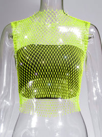 Fishnet Rhinestone Sheer Mesh See-Through Blouse Crop Top