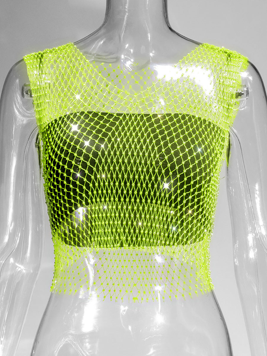 Fishnet Rhinestone Sheer Mesh See-Through Blouse Crop Top