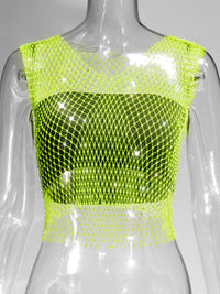 Fishnet Rhinestone Sheer Mesh See-Through Blouse Crop Top