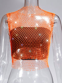 Fishnet Rhinestone Sheer Mesh See-Through Blouse Crop Top