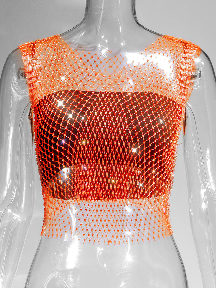 Fishnet Rhinestone Sheer Mesh See-Through Blouse Crop Top