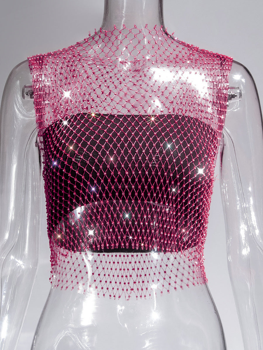 Fishnet Rhinestone Sheer Mesh See-Through Blouse Crop Top