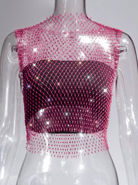 Fishnet Rhinestone Sheer Mesh See-Through Blouse Crop Top