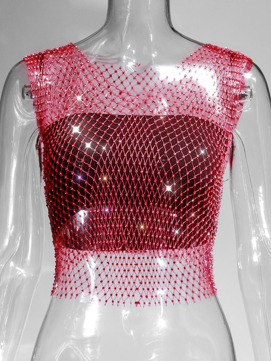 Fishnet Rhinestone Sheer Mesh See-Through Blouse Crop Top
