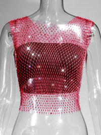 Fishnet Rhinestone Sheer Mesh See-Through Blouse Crop Top