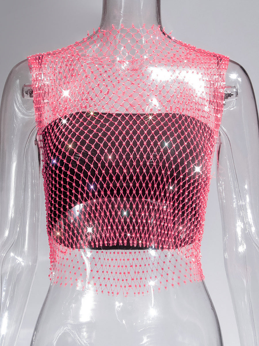 Fishnet Rhinestone Sheer Mesh See-Through Blouse Crop Top