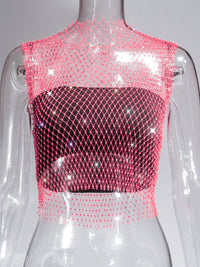Fishnet Rhinestone Sheer Mesh See-Through Blouse Crop Top