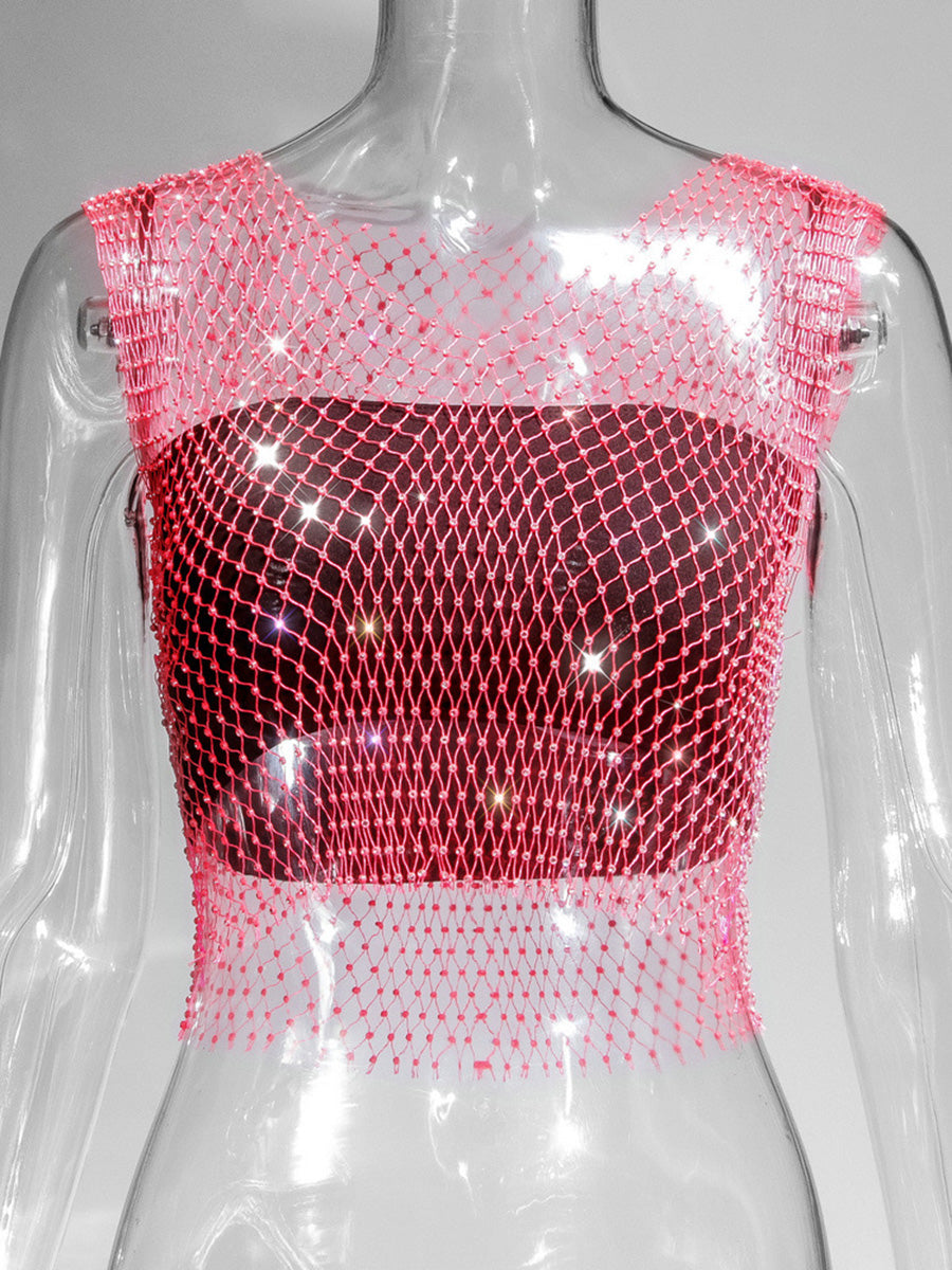 Fishnet Rhinestone Sheer Mesh See-Through Blouse Crop Top