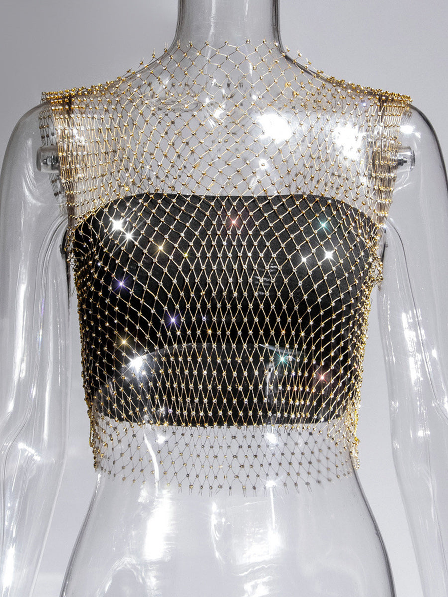 Fishnet Rhinestone Sheer Mesh See-Through Blouse Crop Top