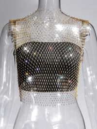 Fishnet Rhinestone Sheer Mesh See-Through Blouse Crop Top