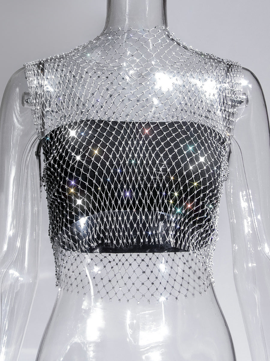 Fishnet Rhinestone Sheer Mesh See-Through Blouse Crop Top