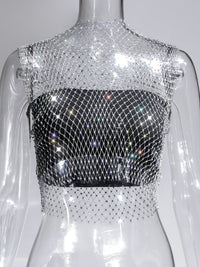 Fishnet Rhinestone Sheer Mesh See-Through Blouse Crop Top