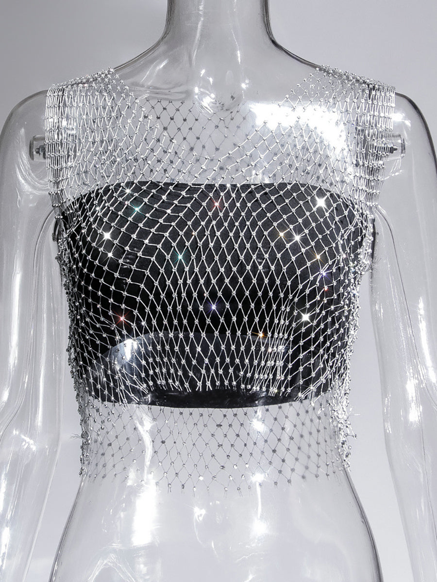 Fishnet Rhinestone Sheer Mesh See-Through Blouse Crop Top