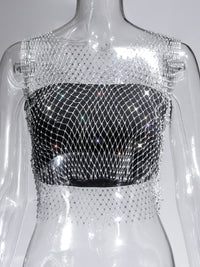 Fishnet Rhinestone Sheer Mesh See-Through Blouse Crop Top