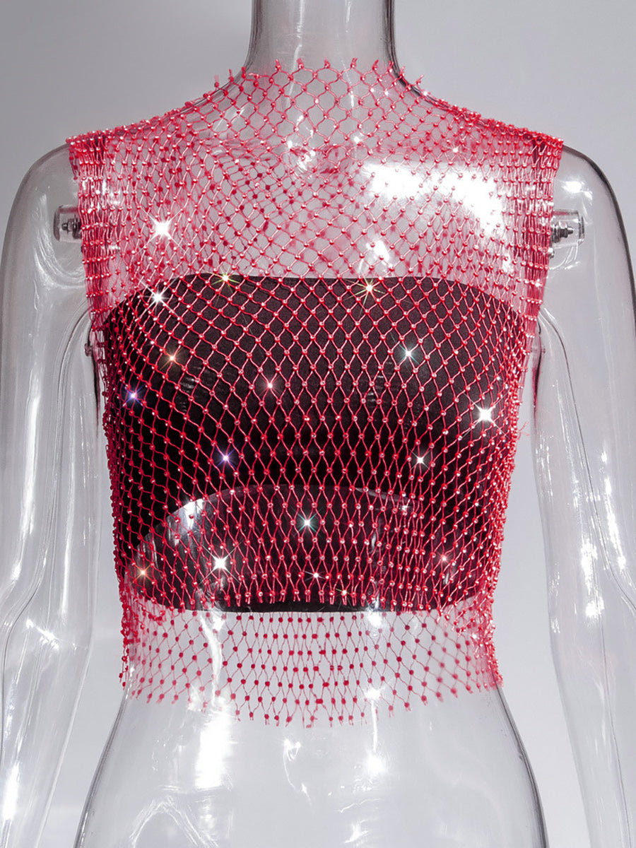 Fishnet Rhinestone Sheer Mesh See-Through Blouse Crop Top