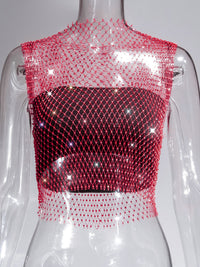 Fishnet Rhinestone Sheer Mesh See-Through Blouse Crop Top