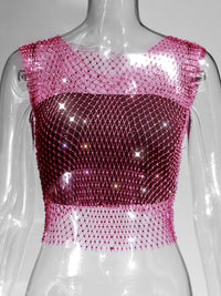 Fishnet Rhinestone Sheer Mesh See-Through Blouse Crop Top