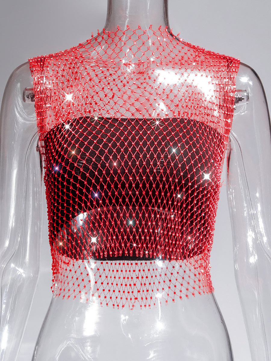 Fishnet Rhinestone Sheer Mesh See-Through Blouse Crop Top