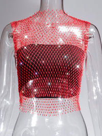 Fishnet Rhinestone Sheer Mesh See-Through Blouse Crop Top