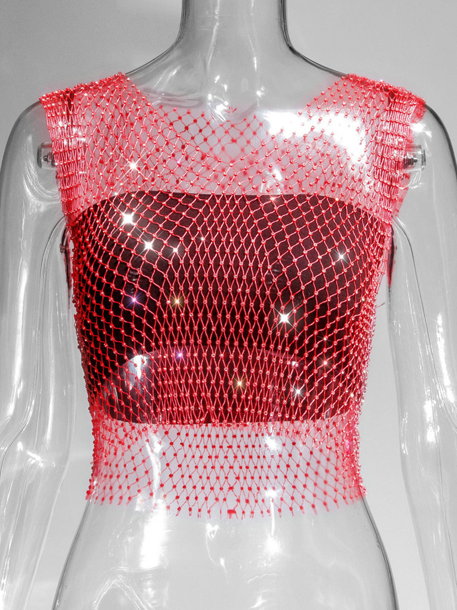 Fishnet Rhinestone Sheer Mesh See-Through Blouse Crop Top