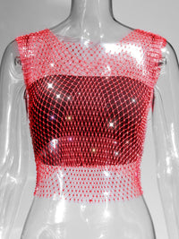 Fishnet Rhinestone Sheer Mesh See-Through Blouse Crop Top