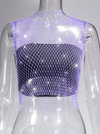 Fishnet Rhinestone Sheer Mesh See-Through Blouse Crop Top