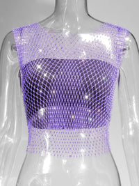 Fishnet Rhinestone Sheer Mesh See-Through Blouse Crop Top