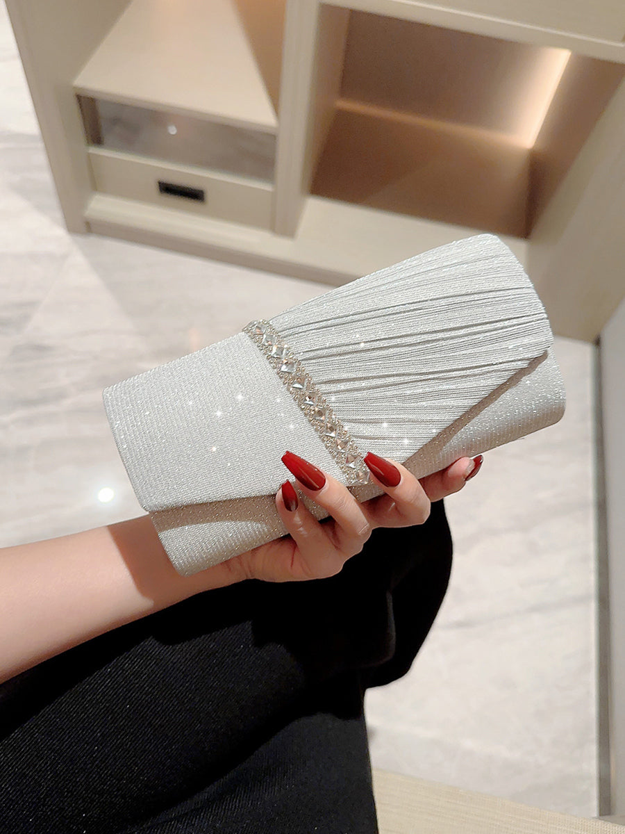 Women's Glitter Pleated Clutch Bag with Rhinestone