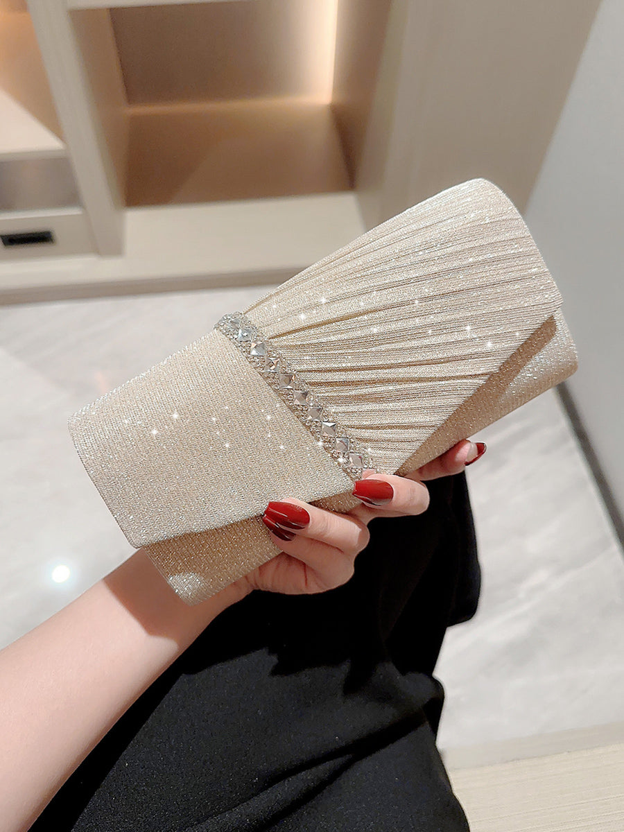 Women's Glitter Pleated Clutch Bag with Rhinestone