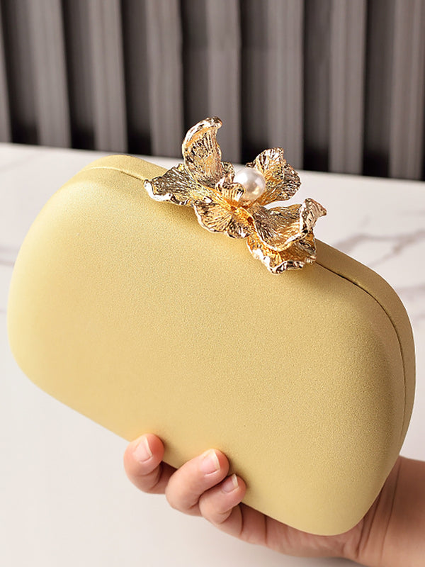 Solid Colored Oval Daily Hand Bag With Rhinestone Flower