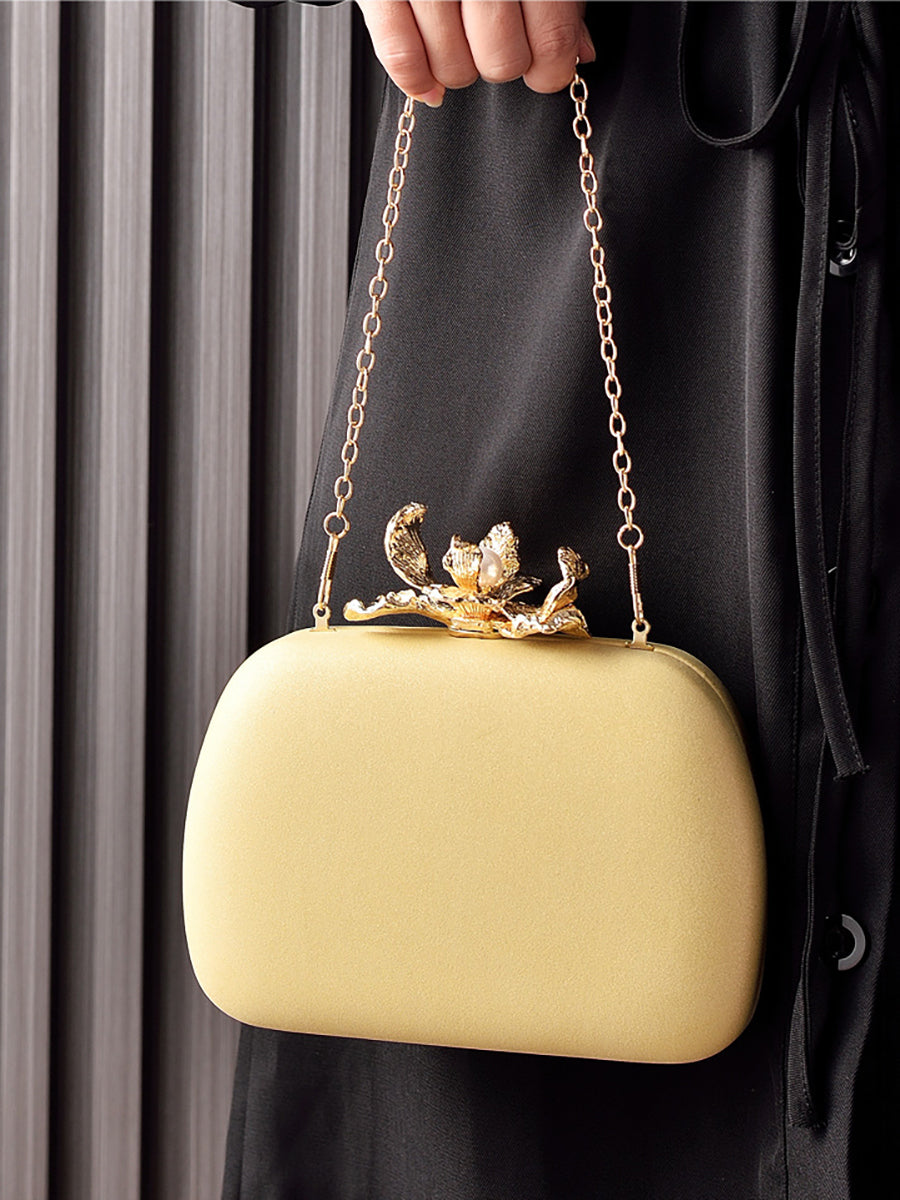 Solid Colored Oval Daily Hand Bag With Rhinestone Flower