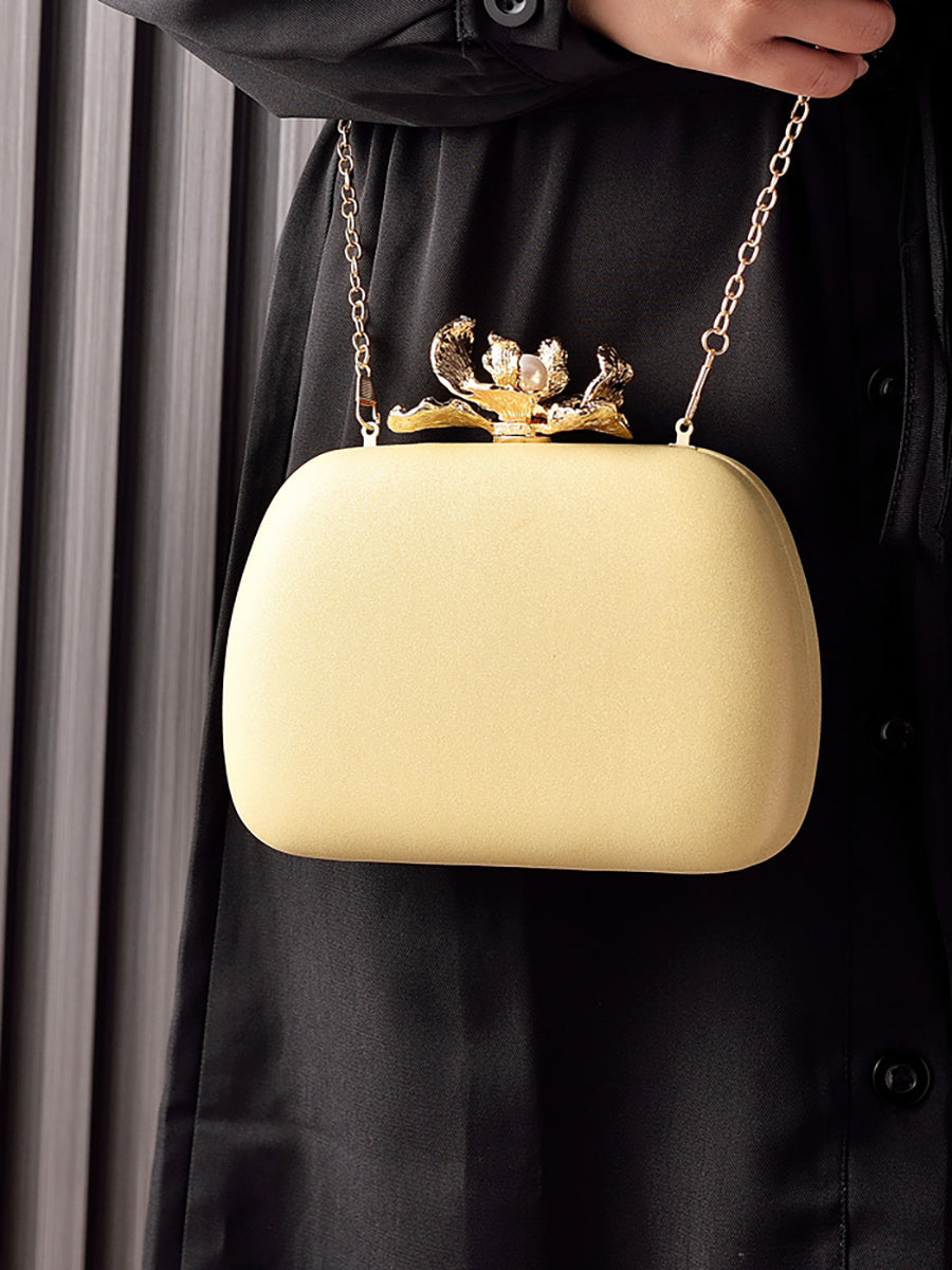 Solid Colored Oval Daily Hand Bag With Rhinestone Flower