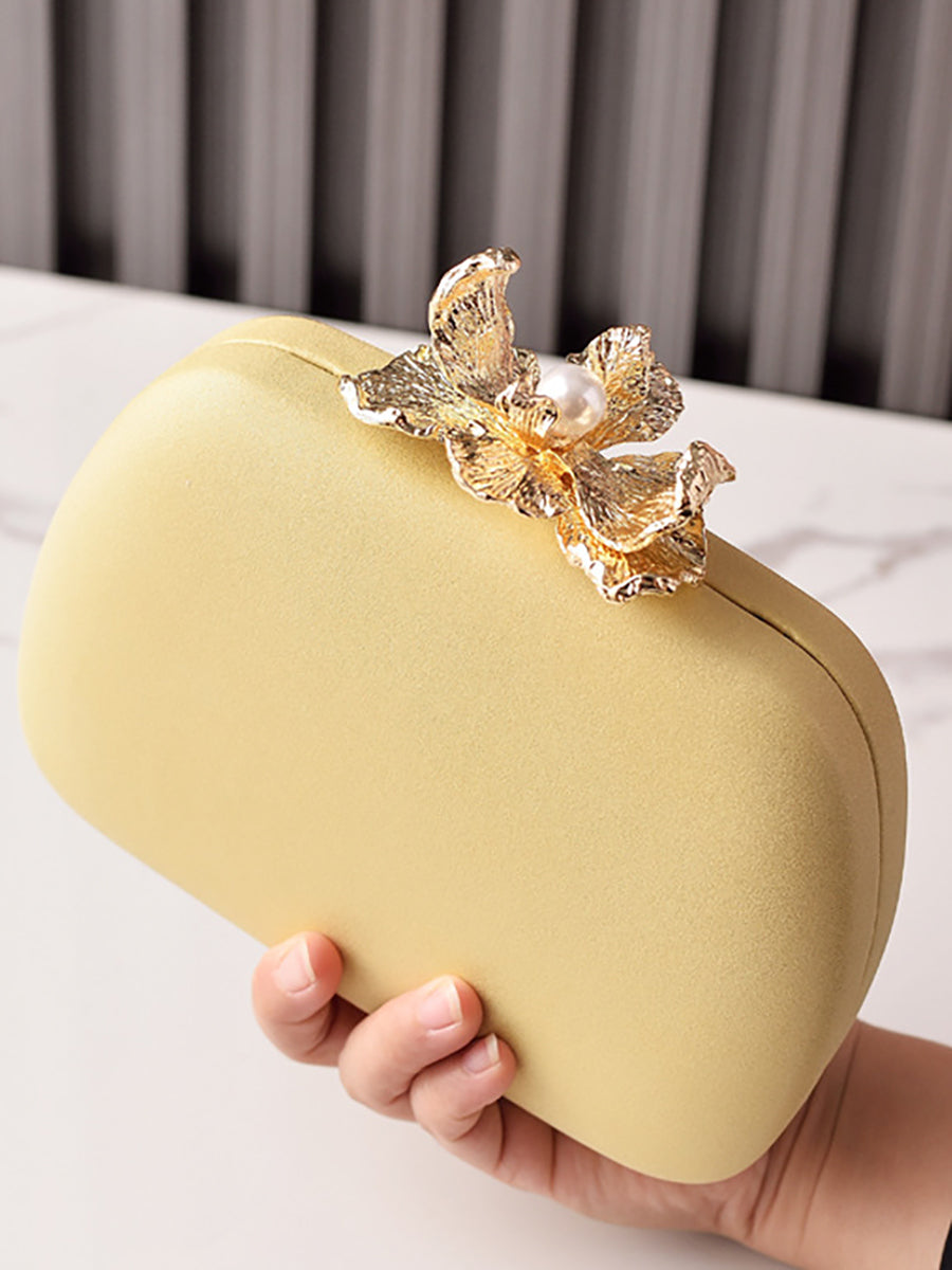Solid Colored Oval Daily Hand Bag With Rhinestone Flower