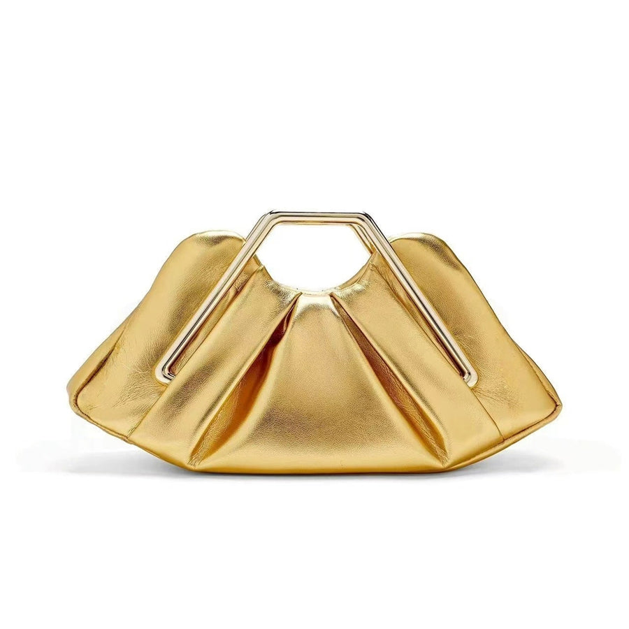 Metallic Pleated Frame Top Handle Clutch Bag Luxury Evening Party Handbag
