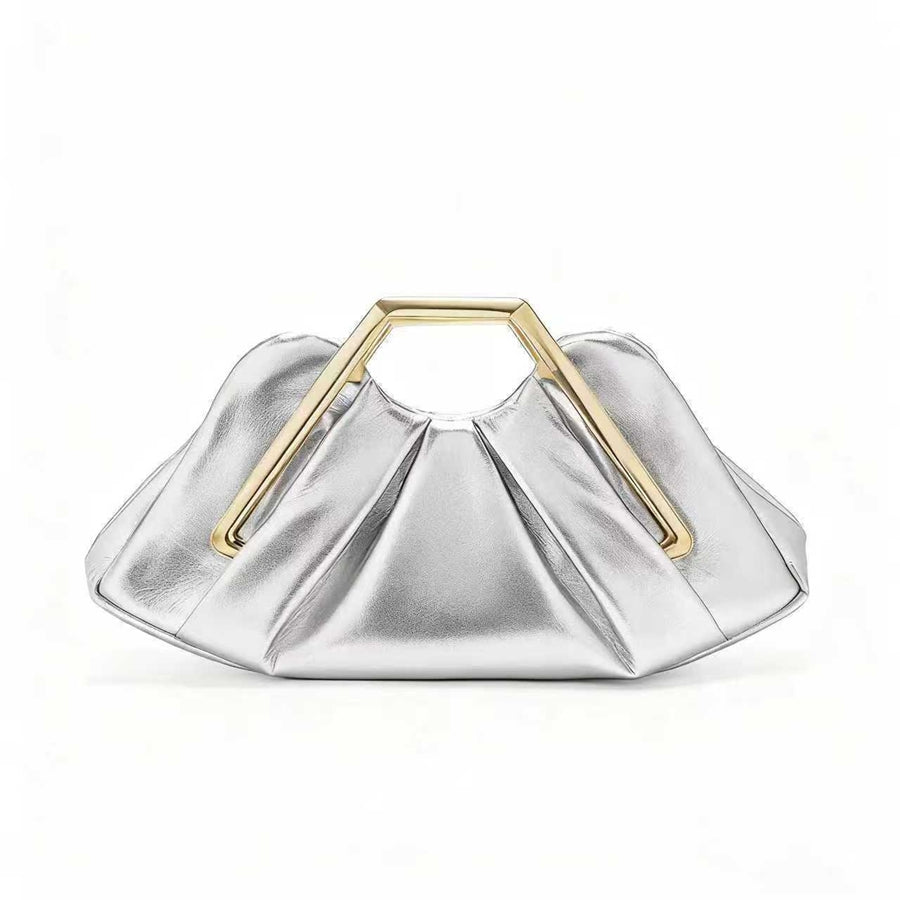 Metallic Pleated Frame Top Handle Clutch Bag Luxury Evening Party Handbag