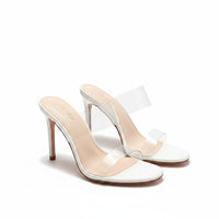 Women Clear Double Transparent Strap White Open Toe Stiletto Mule High Heel Sandals